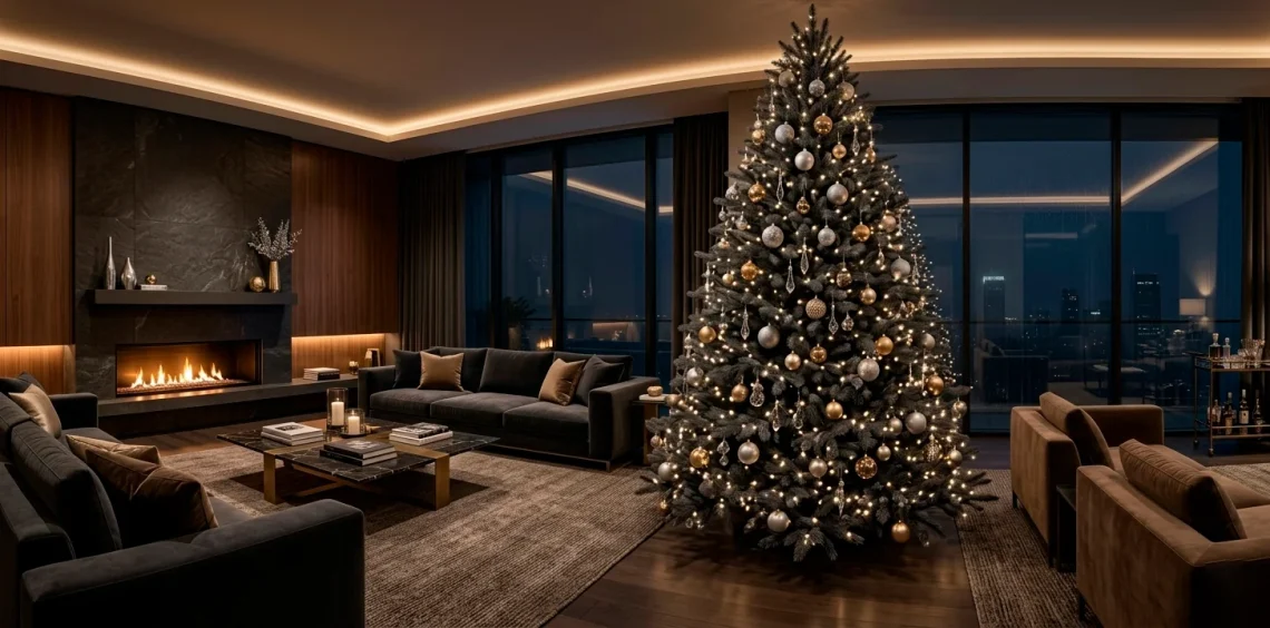 A dark charcoal Christmas tree with silver and gold ornaments in a moody modern living room setting.