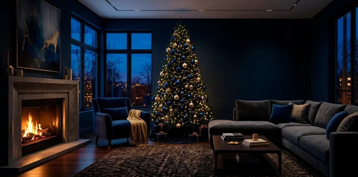 Modern living room featuring a midnight blue themed Christmas tree and moody holiday decor accents.