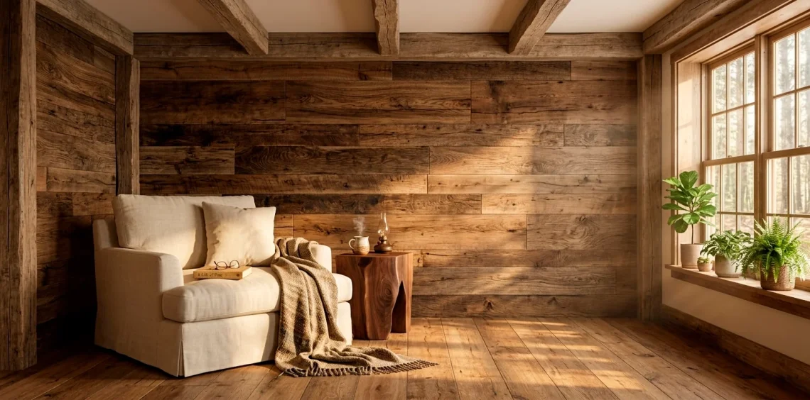 Breathtaking rustic wood reading nook with reclaimed wall and ceiling beams.