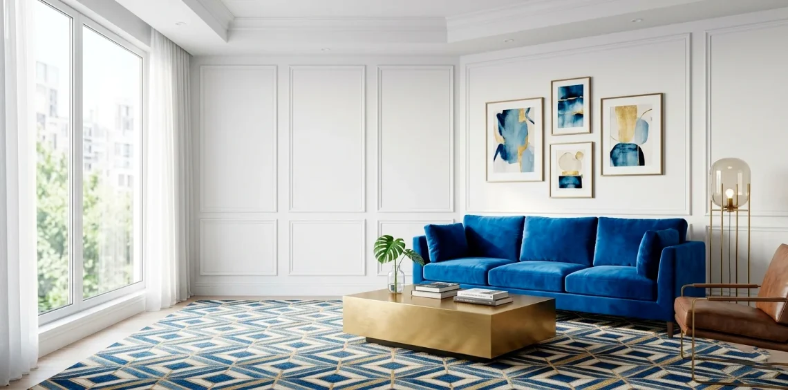 Small modern living room with vibrant electric blue velvet sofa and gold accents in a bright space.