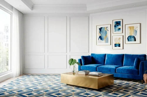 Small modern living room with vibrant electric blue velvet sofa and gold accents in a bright space.