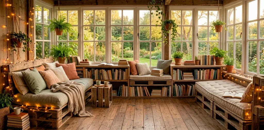 A wide shot of multiple cozy DIY pallet reading nooks in a sunlit room with rustic decor.
