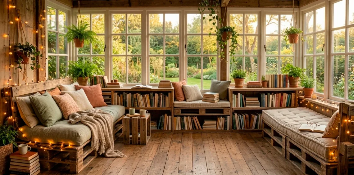 A wide shot of multiple cozy DIY pallet reading nooks in a sunlit room with rustic decor.