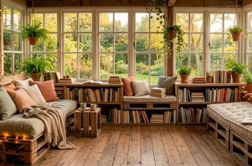 A wide shot of multiple cozy DIY pallet reading nooks in a sunlit room with rustic decor.