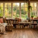 A wide shot of multiple cozy DIY pallet reading nooks in a sunlit room with rustic decor.