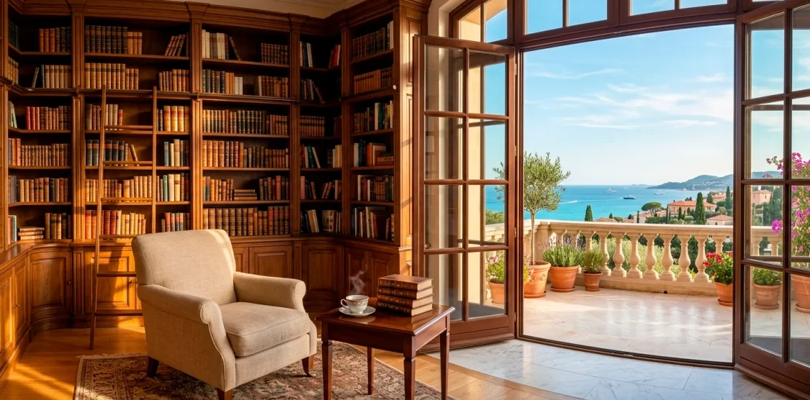 Luxurious home library featuring floor-to-ceiling bookshelves and an open balcony with ocean views.