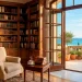 Luxurious home library featuring floor-to-ceiling bookshelves and an open balcony with ocean views.