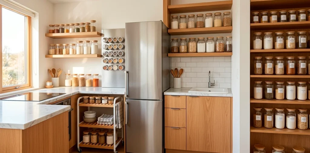 Wide view of a modern studio apartment kitchen with organized pantry shelves, glass jars, and a rolling storage cart.
