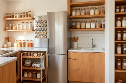 Wide view of a modern studio apartment kitchen with organized pantry shelves, glass jars, and a rolling storage cart.