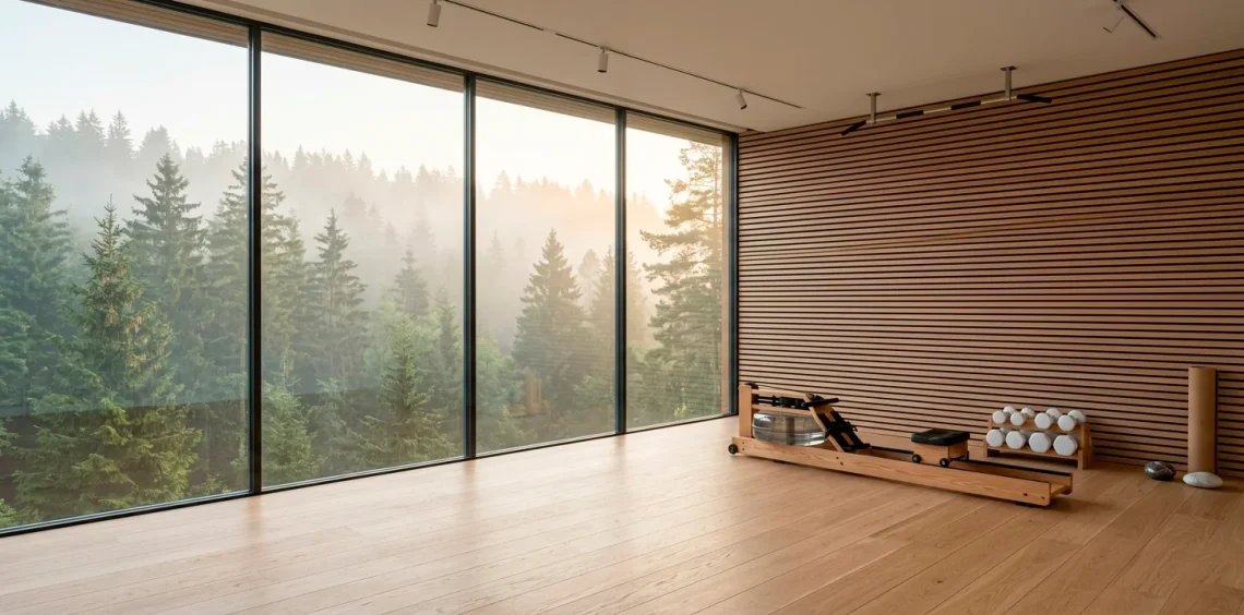 Wide panoramic view of a minimalist Scandinavian home gym with natural wood accents and large windows.