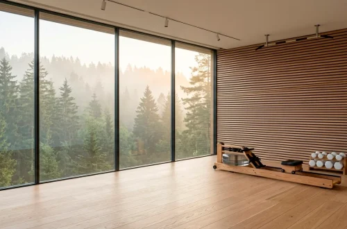 Wide panoramic view of a minimalist Scandinavian home gym with natural wood accents and large windows.