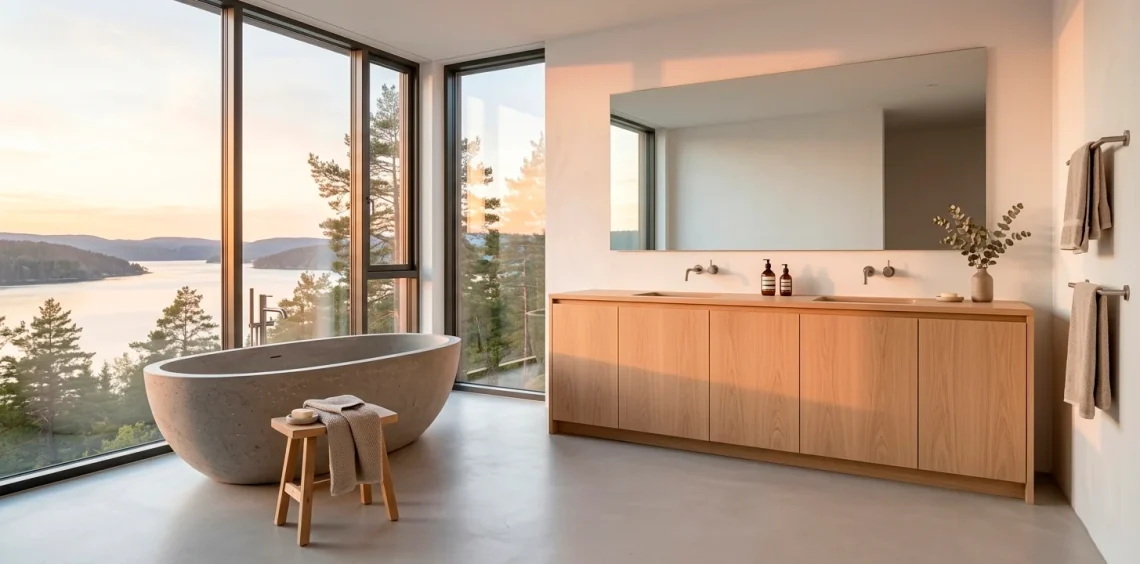 Wide shot of a bright and airy Scandinavian bathroom layout with natural wood and stone textures.