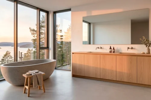 Wide shot of a bright and airy Scandinavian bathroom layout with natural wood and stone textures.