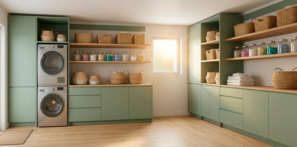 Wide panoramic shot of an organized modern utility room with sage green cabinets and stackable laundry units.