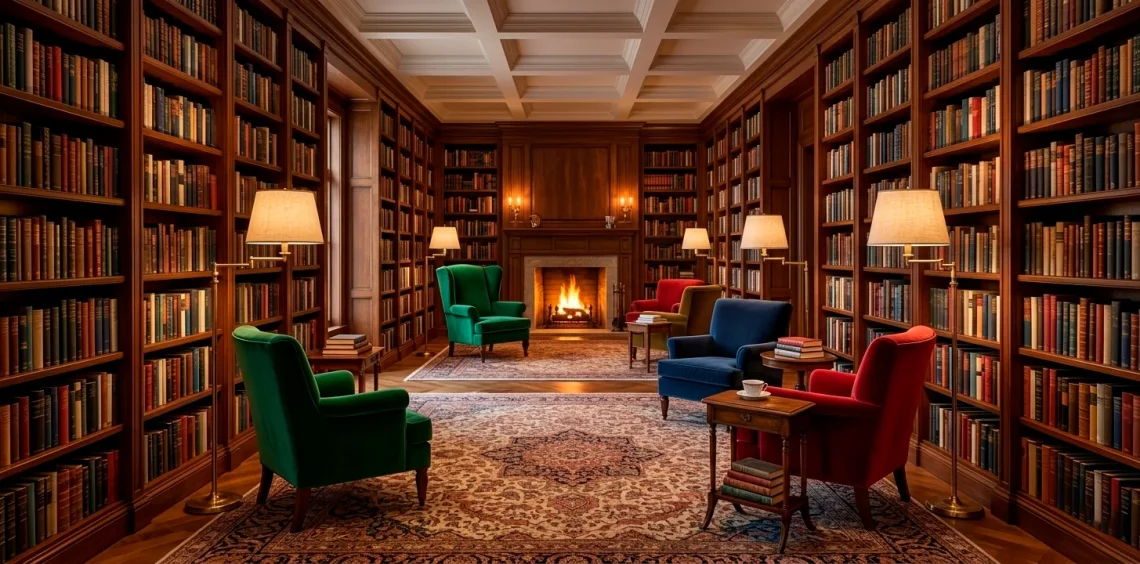 Wide shot of a luxury home library with various colorful velvet accent chairs and cozy bookshelves.
