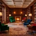 Wide shot of a luxury home library with various colorful velvet accent chairs and cozy bookshelves.