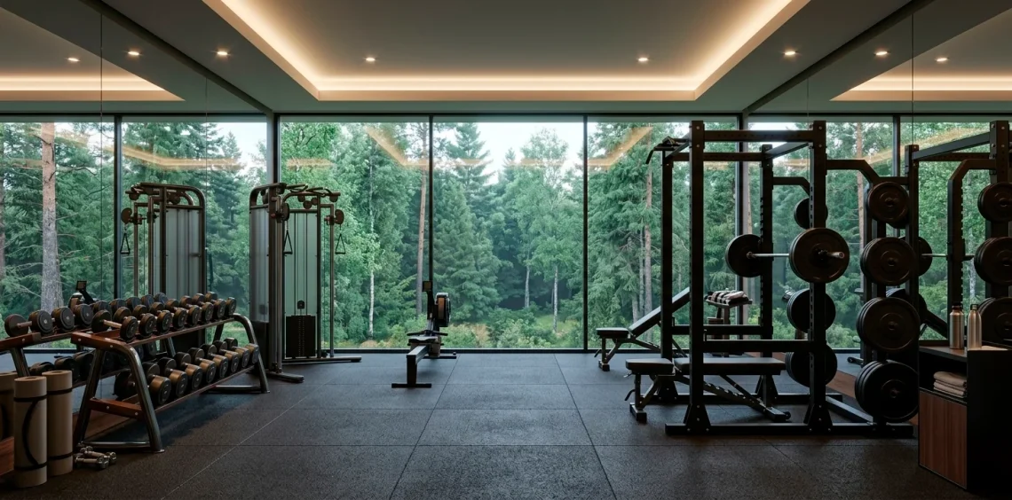 A luxurious high-performance home gym with professional equipment, large windows, and modern aesthetic design.