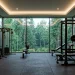 A luxurious high-performance home gym with professional equipment, large windows, and modern aesthetic design.