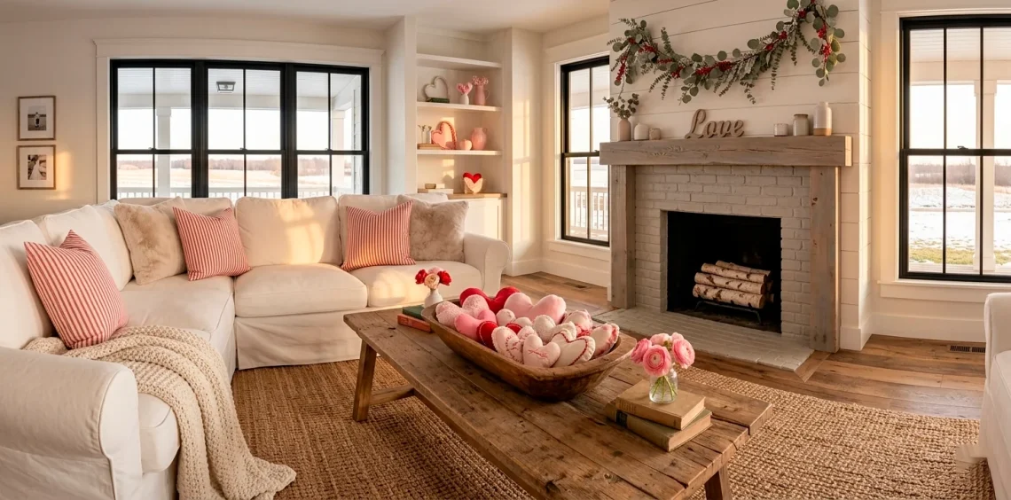 A wide panoramic view of a modern farmhouse living room with subtle and elegant Valentine's Day decorations and textures.