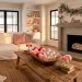 A wide panoramic view of a modern farmhouse living room with subtle and elegant Valentine's Day decorations and textures.