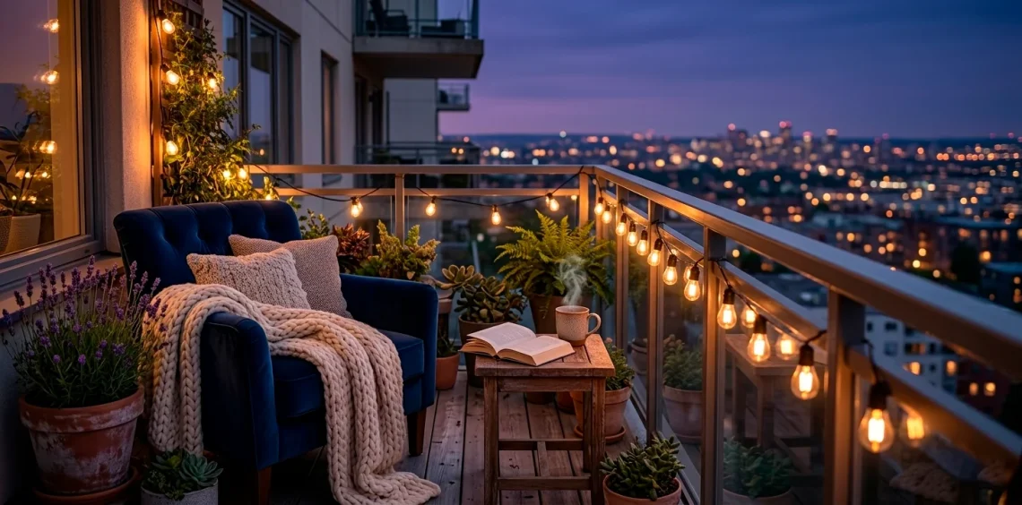 Wide shot of a cozy small balcony reading nook with a navy armchair, fairy lights, and city views at dusk.