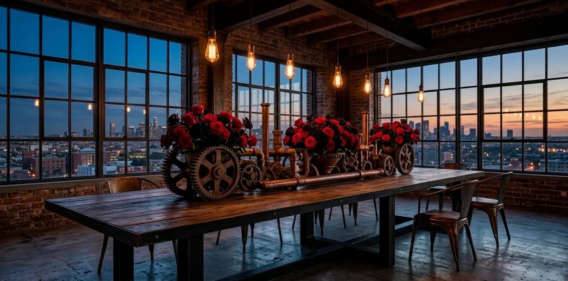 Moody industrial loft dining room with matte black steel table and deep red roses in metal vases.