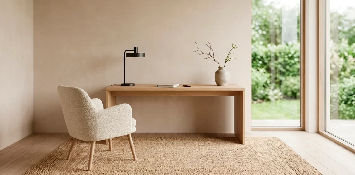 Wide horizontal view of a serene Japandi home office with light wood desk and natural sunlight.