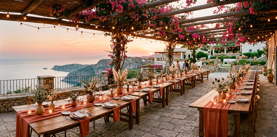 Wide shot of a sun-drenched Mediterranean wedding reception with terracotta decor and sunset lighting.