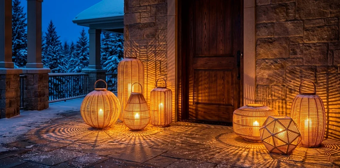 Wide shot of a snowy porch decorated with glowing oversized rattan lanterns and winter greenery.