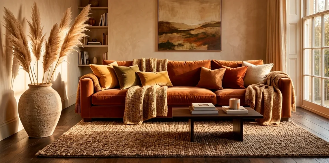 Cozy autumn living room with layered velvet pillows, knit blankets, and dried grass in warm natural light.