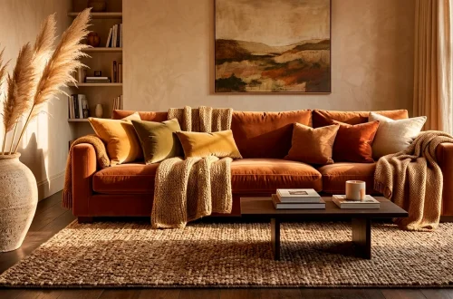 Cozy autumn living room with layered velvet pillows, knit blankets, and dried grass in warm natural light.