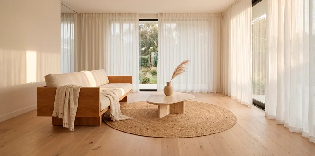 Wide-angle minimalist living room with warm wood accents, cream sofa, and soft natural sunlight.