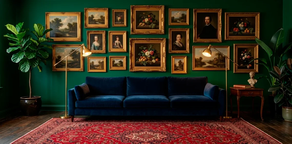 Sophisticated maximalist living room with emerald walls, navy velvet sofa, and gold accents in a rich jewel tone palette.