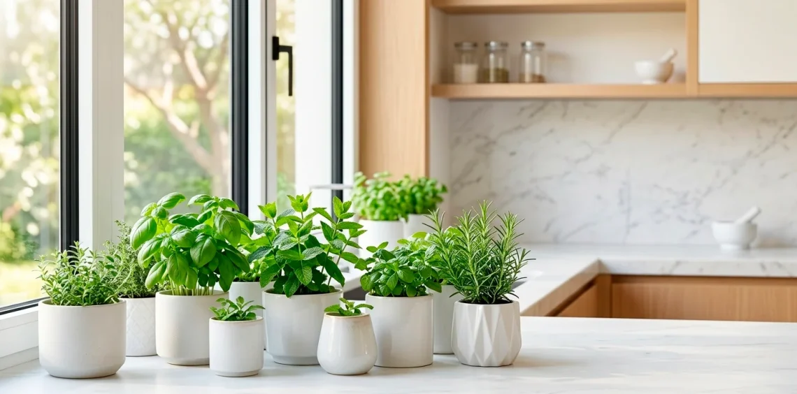 Wide view of a minimalist kitchen with several white ceramic herb pots on a sunlit windowsill.