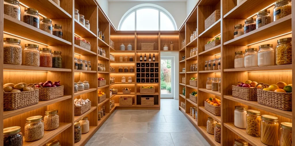 Luxurious modern walk-in pantry with sustainable bamboo shelving and organized glass jars in a bright kitchen.