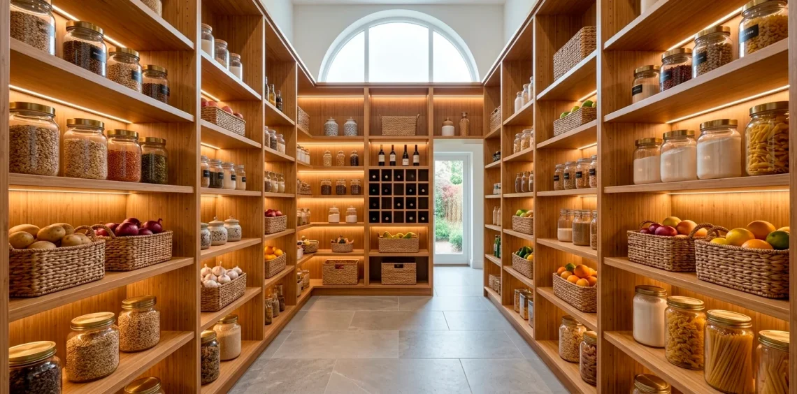 Luxurious modern walk-in pantry with sustainable bamboo shelving and organized glass jars in a bright kitchen.