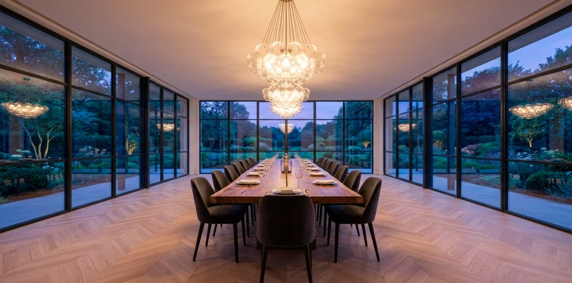 Luxurious modern dining room with walnut table, velvet chairs, and a large glass chandelier at sunset.