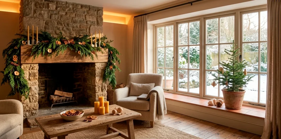 Cozy living room with sustainable holiday decor featuring cedar garlands and a potted pine tree.