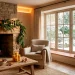 Cozy living room with sustainable holiday decor featuring cedar garlands and a potted pine tree.