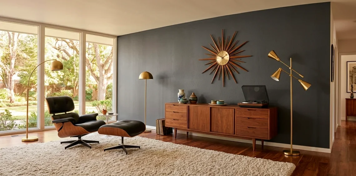 Luxurious mid-century modern living room with iconic furniture and moody charcoal walls.