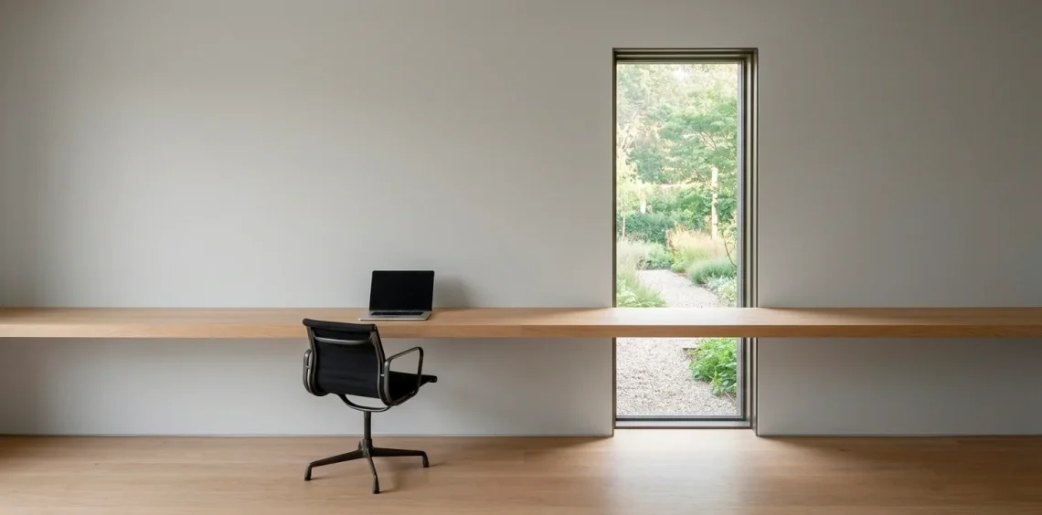 Wide view of an ultra-minimalist home office with a floating oak desk and natural lighting.