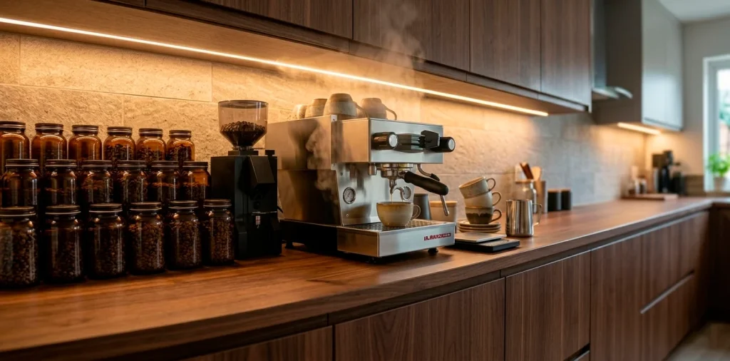 A luxurious and modern home coffee bar setup with professional brewing equipment and stylish decor.