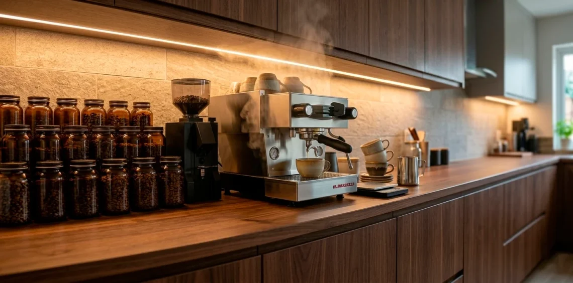 A luxurious and modern home coffee bar setup with professional brewing equipment and stylish decor.