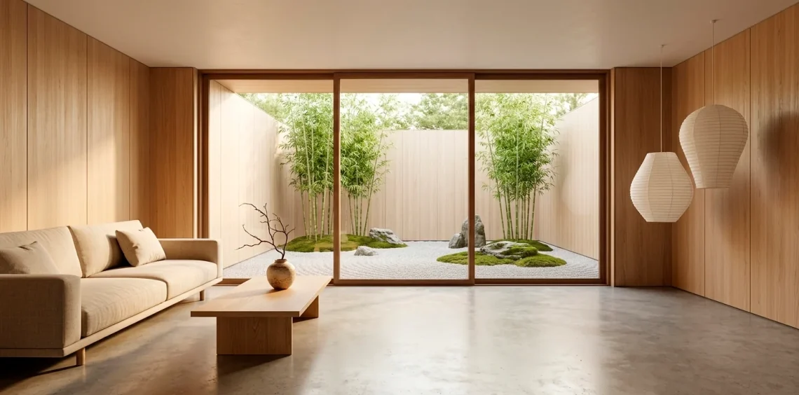 Minimalist Japandi living room with low furniture, neutral tones, and a zen garden view.