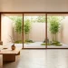 Minimalist Japandi living room with low furniture, neutral tones, and a zen garden view.