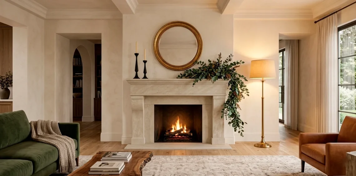 Beautifully balanced fireplace mantle decor ideas featuring a gold mirror, black candlesticks, and eucalyptus garland.