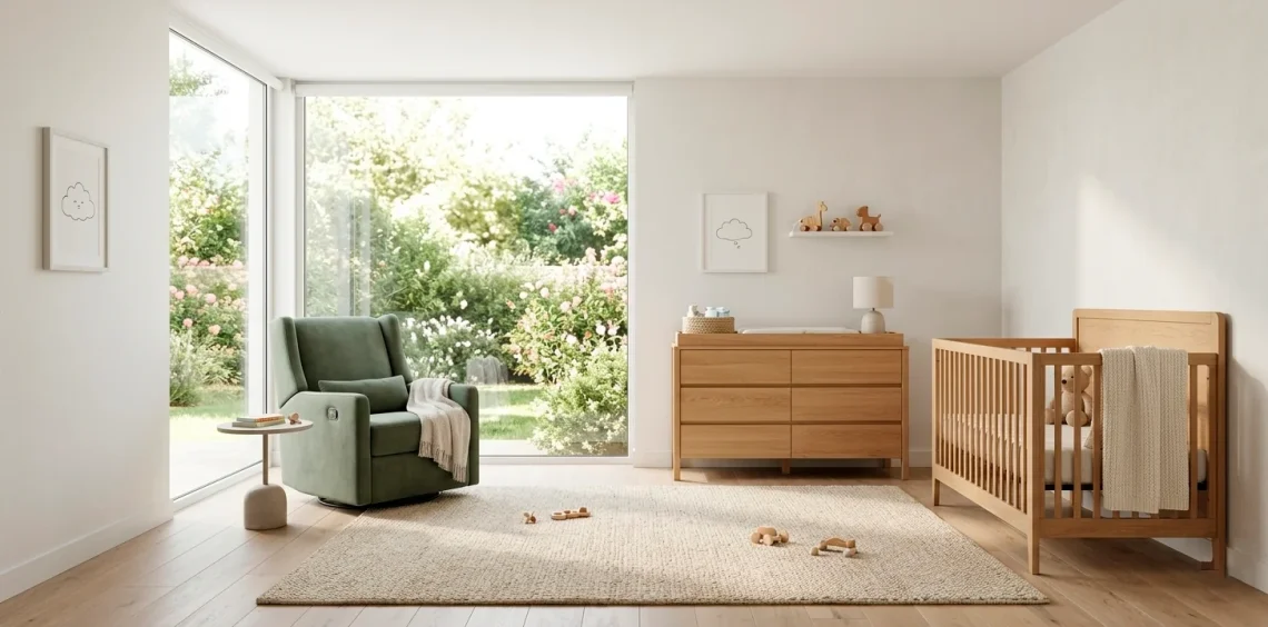 Modern minimalist nursery with space-saving convertible furniture and soft green accents in natural light.