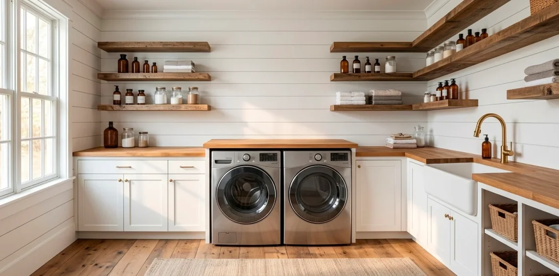 Modern farmhouse laundry room with white shiplap walls, wood butcher block countertops, and floating shelves.