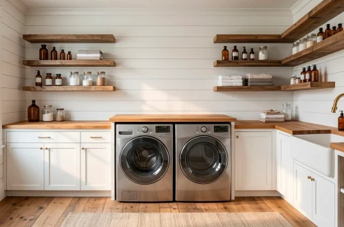 Modern farmhouse laundry room with white shiplap walls, wood butcher block countertops, and floating shelves.