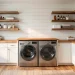 Modern farmhouse laundry room with white shiplap walls, wood butcher block countertops, and floating shelves.